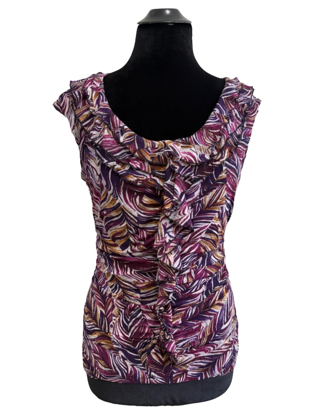 Y2K Silk Ruffle Ruched Abstract Pattern Top - Picture 2 of 9
